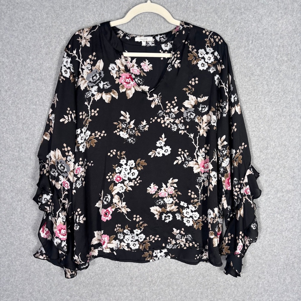 Maurices Dark Romantic Satin Blouse XL Black Floral Open Ruffle Tiered Sleeves